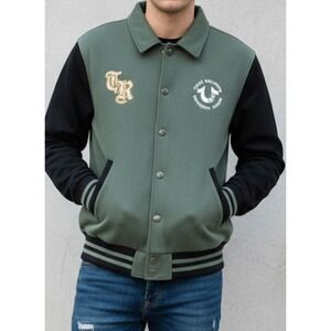 True Religion Men's Buddah Varsity Jacket Sz Ll Collared Fleece Green Black